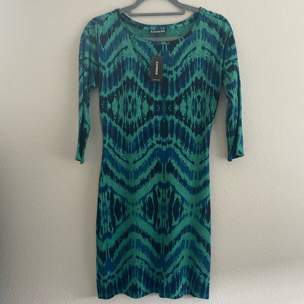 Express XS Green Blue Ikat Print Bodycon Dress 3/4 Sleeve NWT